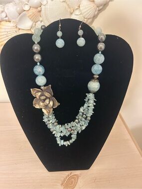 Artisan Aqua Stone Bead Necklace & Earrings Set Floral Statement Boho